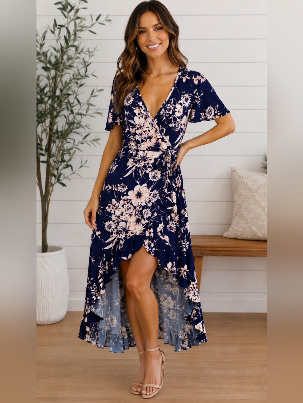 VENUS Navy Floral High-Low Wrap Dress